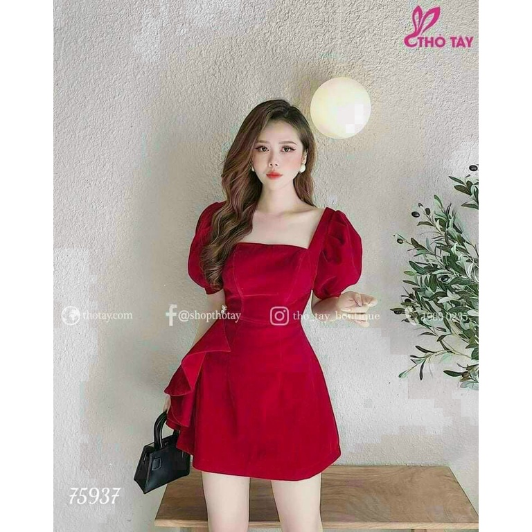 Váy đầm dự tiệc cổ vuông màu đỏ đô phối bèo 1 bên Linhnastore