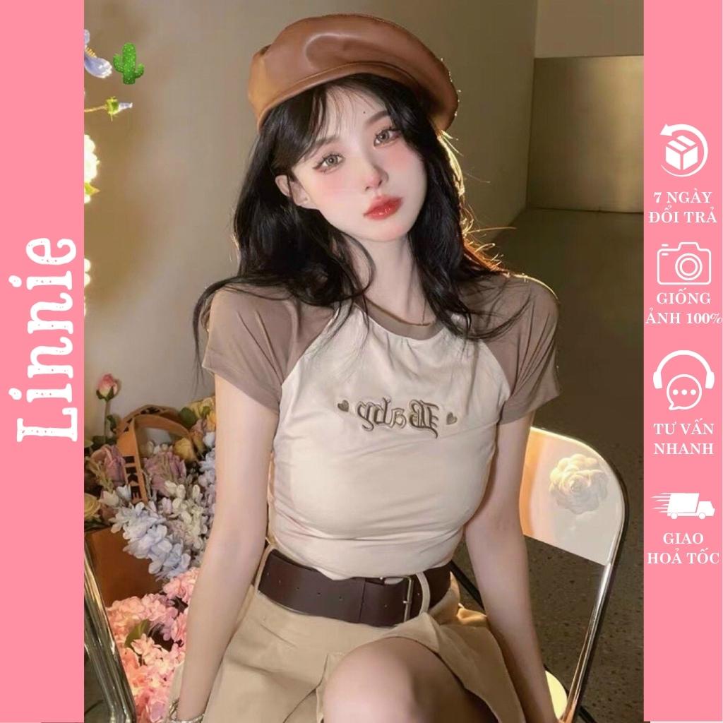 Áo thun nữ ôm body ngắn tay Linnie, Áo croptop kiểu phối tay, thêu chữ cute chất borip mềm mịn