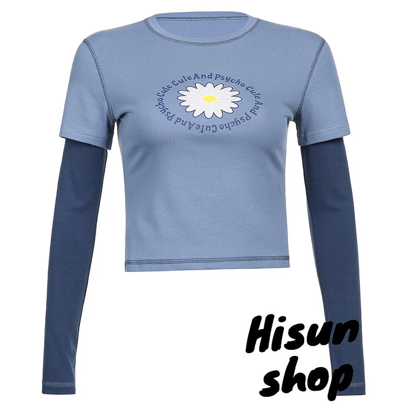 ☀Sun❤Women Casual Long Sleeve T-shirt, Blue Round Collar Letters and Floral Printed Pattern Tops
