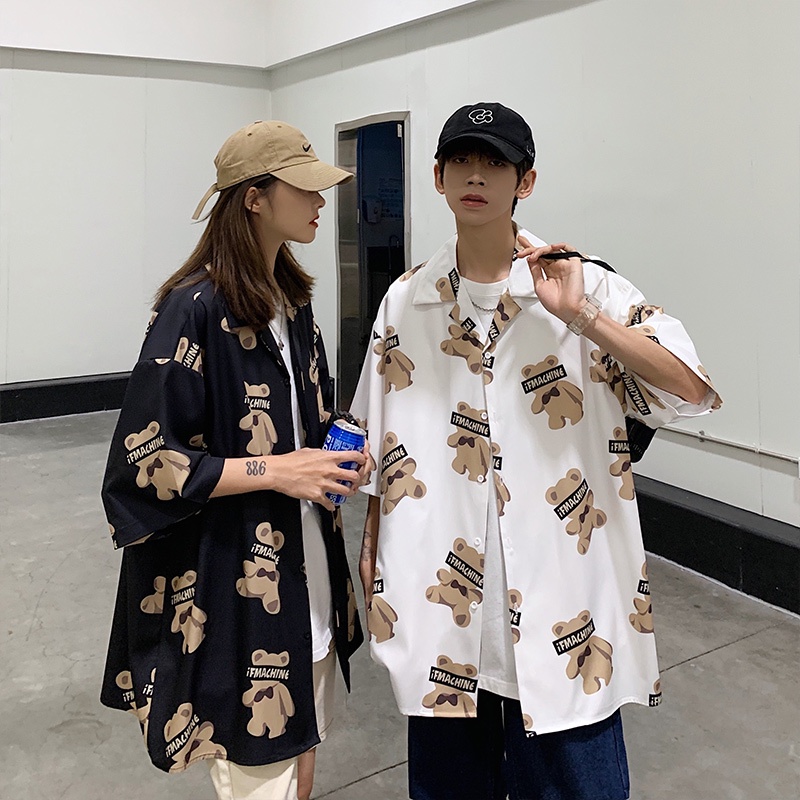 Áo Sơ Mi Tay Ngắn Vải Lụa Lạnh In Hình Gấu Toàn Diện Kiểu Hàn Quốc Cá Tính Cho Cặp Đôi