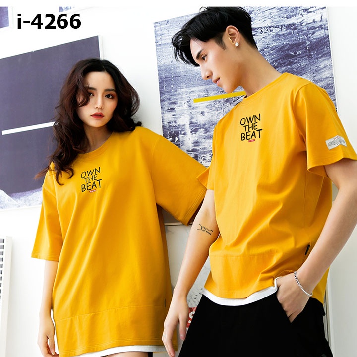 Áo Phông Unisex Đôi Nam Nữ Màu Vàng In Chữ OWN THE BEAT