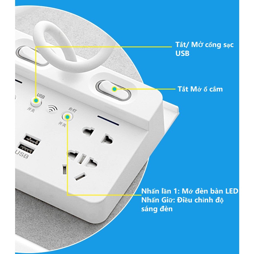 Ổ cắm điện thông minh nối dài kiêm đèn bàn LED có remote -dây nối dài 1.8 met