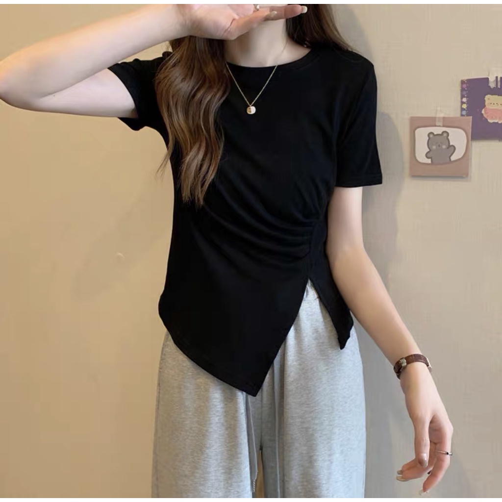 Áo thun phông nữ kiểu lệch tà tay ngắn dáng ôm chất thun cotton mềm mại trẻ trung phong cách