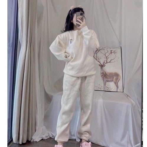 Set nỉ thêu chó shiba dài tay nữ - Bộ đồ ngủ quần ống bo gấu kèm áo sweater màu trắng, nâu mặc ở nhà đẹp HOT