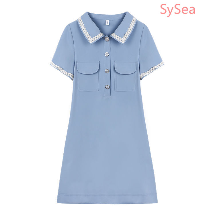 Đầm midi ngắn tay phối nút ngọc trai thời trang mùa hè cho nữ