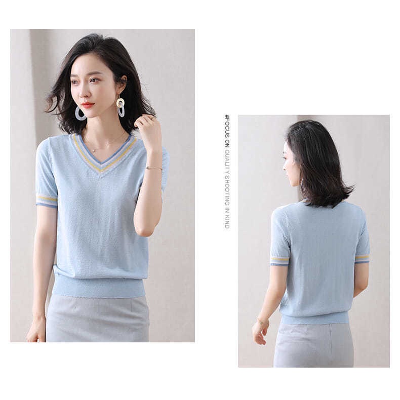 Áo Thun Lụa Dệt Kim Tay Ngắn Cổ Chữ V Thời Trang Dành Cho Nữ