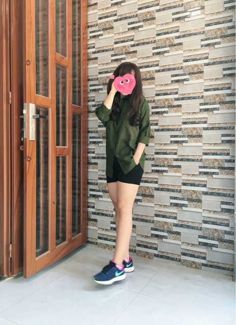 Áo sơ mi oversize xanh rêu 2 túi
