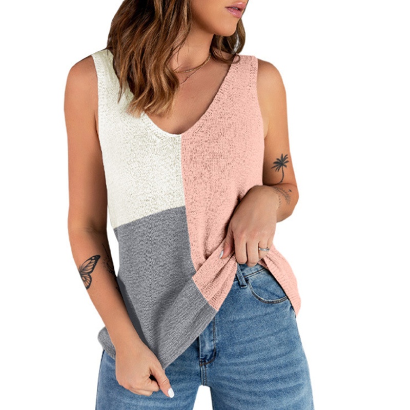 Áo Tank Top Dệt Kim Sát Nách Dáng Rộng Cổ Chữ V Khoét Sâu Phối Màu Thời Trang Mùa Hè Cho Nữ Pu