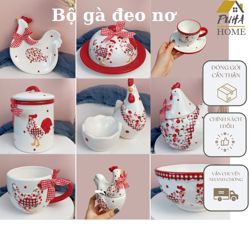 Bộ bát đĩa sứ hình gà đeo nơ để bàn ăn xinh xắn, độc đáo