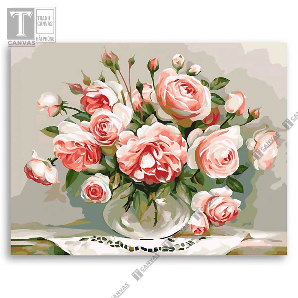 Tranh canvas treo tường hiện đại nghệ thuật, tranh sơn dầu bình hoa nhiều màu sắc H47-50