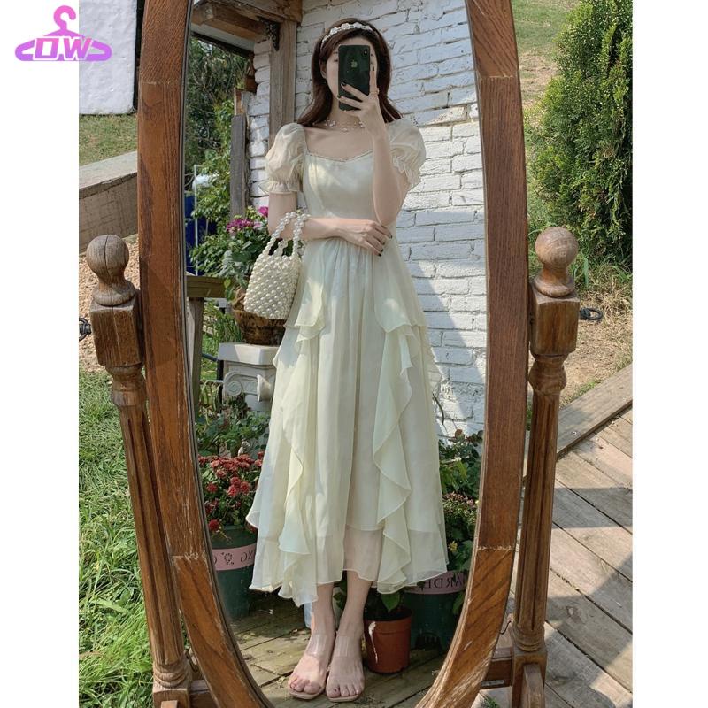 Váy babydoll Đầm Chiffon Cổ Vuông Tay Phồng Phong Cách Pháp Cổ Điển Kiểu Mới 2022