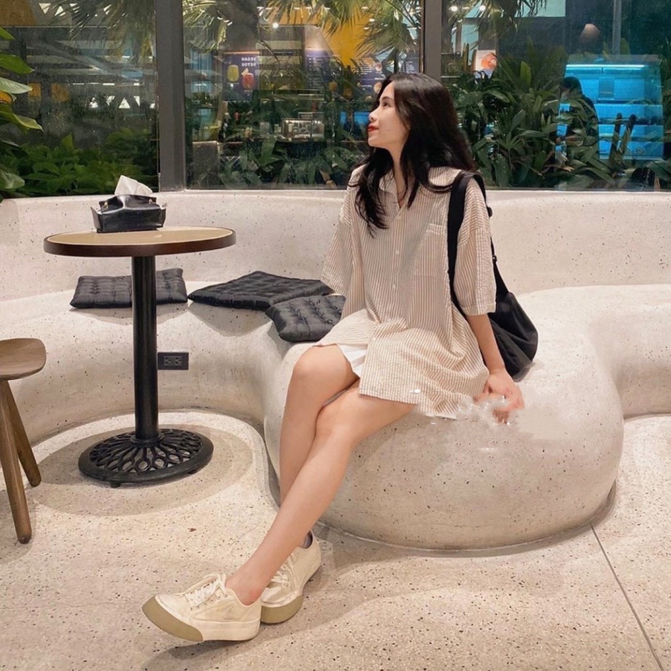 Áo sơ mi Hàn Quốc dáng rộng kẻ sọc nhiều màu chất đẹp không bai xù năng động cá tính nội y xanh