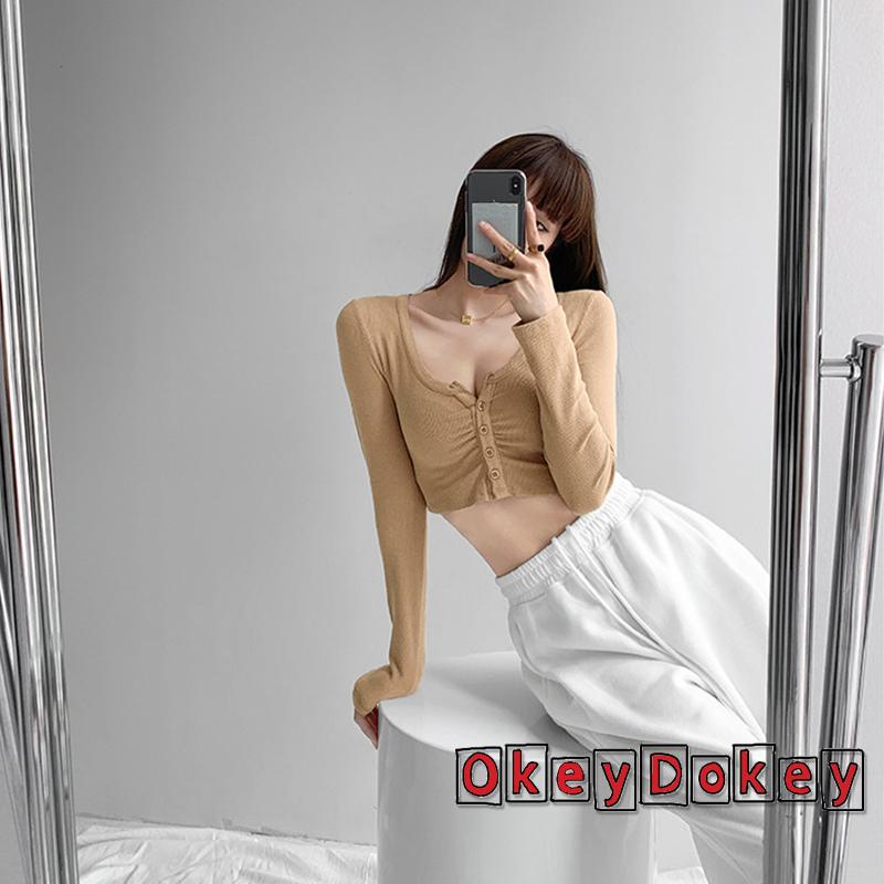 Áo Croptop Dệt Kim Tay Dài Cổ Chữ V Màu Trơn Cài Nút Cho Nữ
