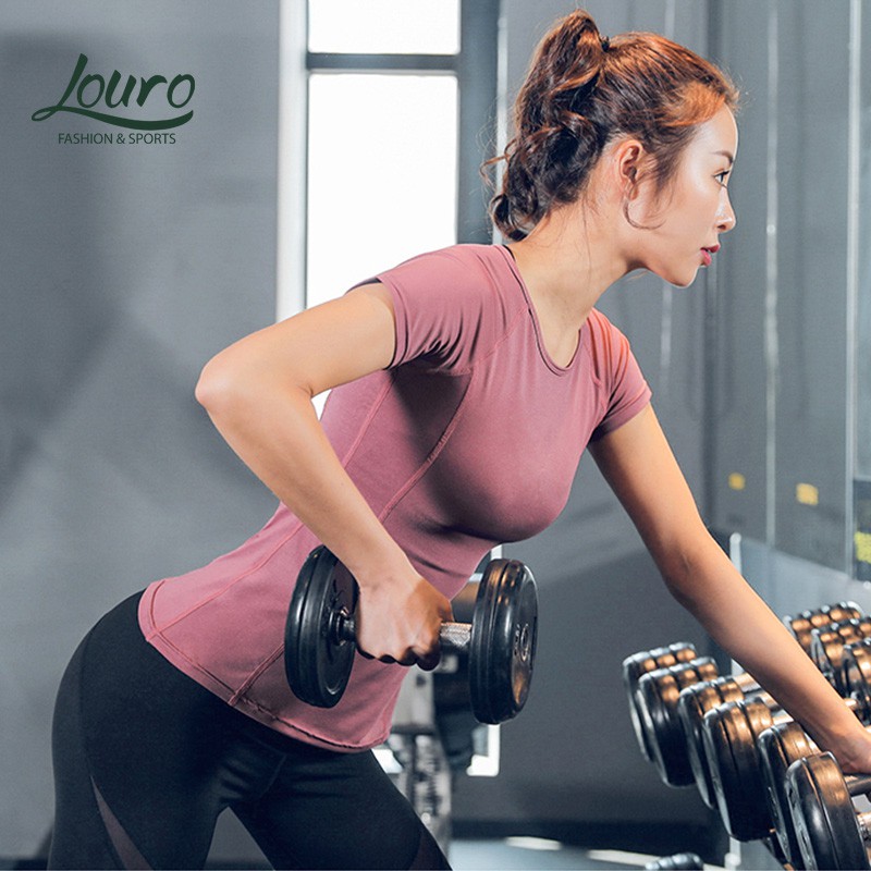 Áo tập gym, yoga nữ Louro LA35, kiểu áo tập thể thao nữ tay ngắn, chất liệu thoáng mát, co giãn 4 chiều