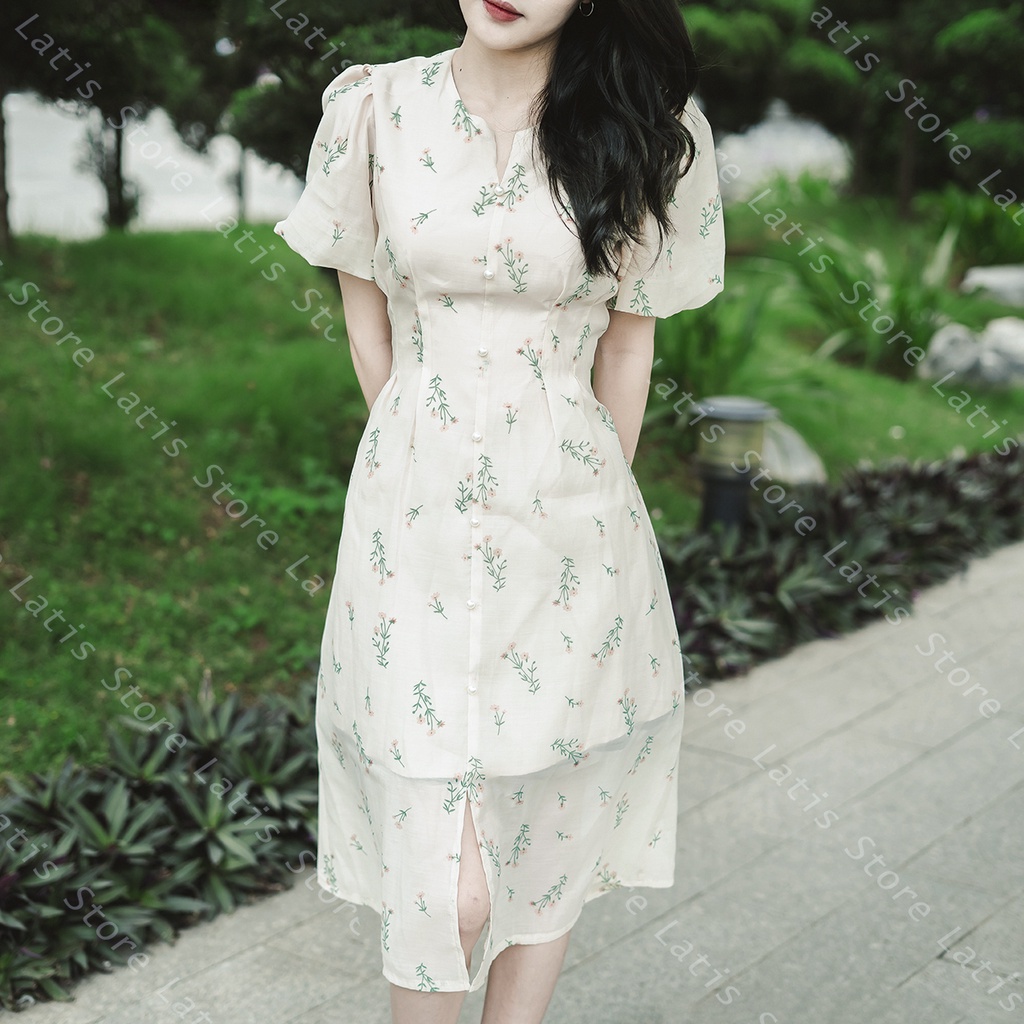 Váy Hoa Nhí Vintage Dáng Dài Xẻ Tà, Đầm Hoa Nhí Tơ Nến Tay Bồng Hàng Thiết Kế Latis Store