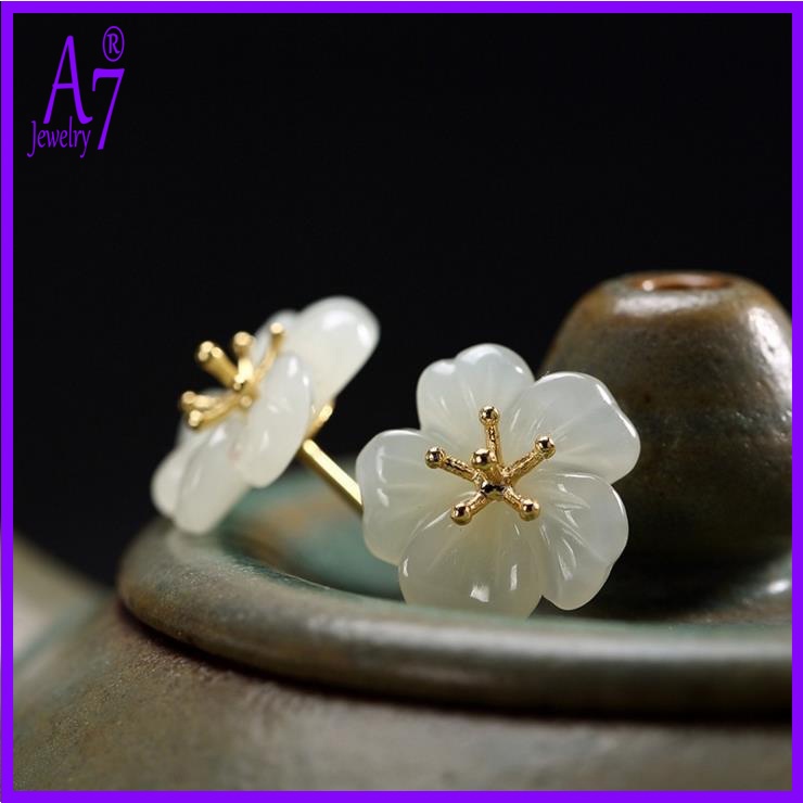 Bông Tai Mạ Bạc 925 Đính Đá Ngọc Bích Trắng Sang Trọng Cho Nữ A7 S925