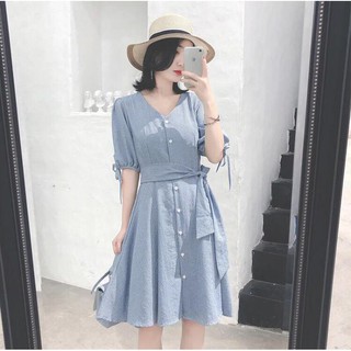 Đầm công sở, đầm sơmi, đầm dáng xòe sọc xanh buộc eo tinh tế