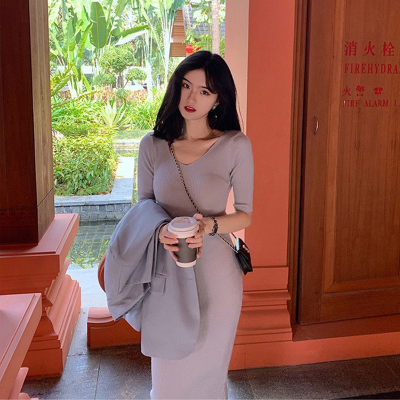 IELGY   Đầm Dệt Kim Mỏng Cổ Chữ v Màu Xanh Lá Thời Trang Cho Nữ