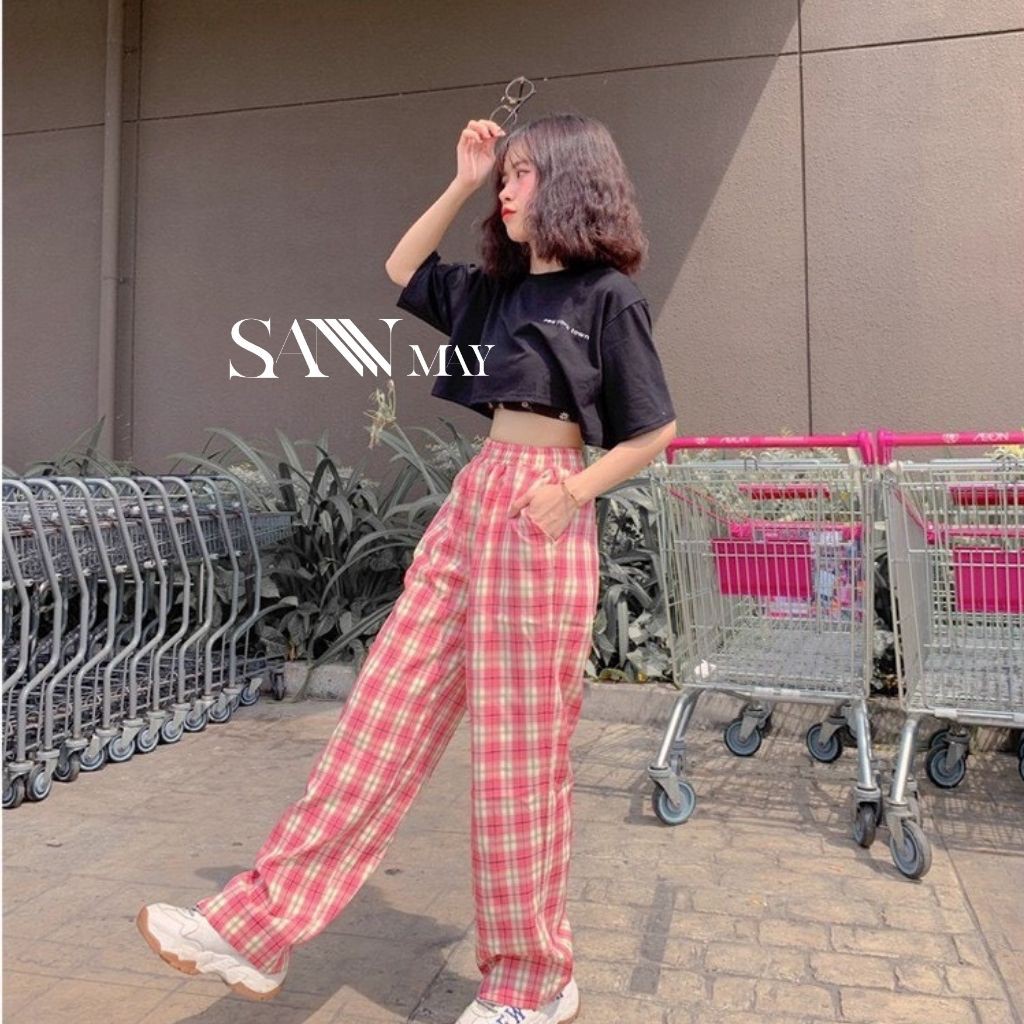 Quần Kẻ Sọc Caro Kẻ Nữ Ống Rộng Lưng Cao Quần Baggy Unisex Dáng Suông Form Dài Cạp Chun Đi Học Đẹp SANMAY QD003 | BigBuy360 - bigbuy360.vn