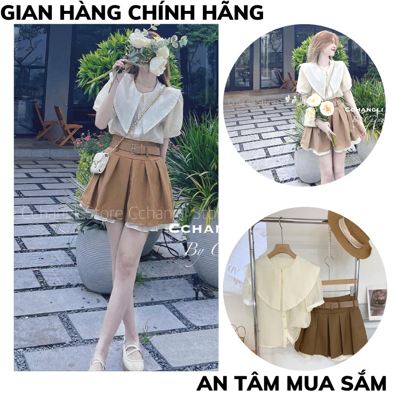 Bộ Áo Sơ Mi Cổ Sen Chân Váy Kaki Xòe Viền Bèo  Set Áo Nữ Cộc Tay Kèm Váy 2 Lớp dây lưng THỜITRANG1989