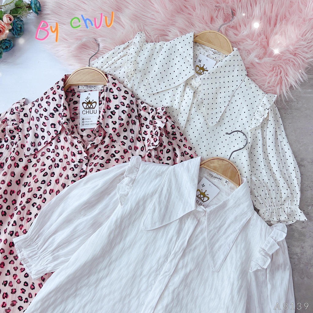 Áo sơ mi họa tiết nữ tay phồng bo chun CHUU A8139