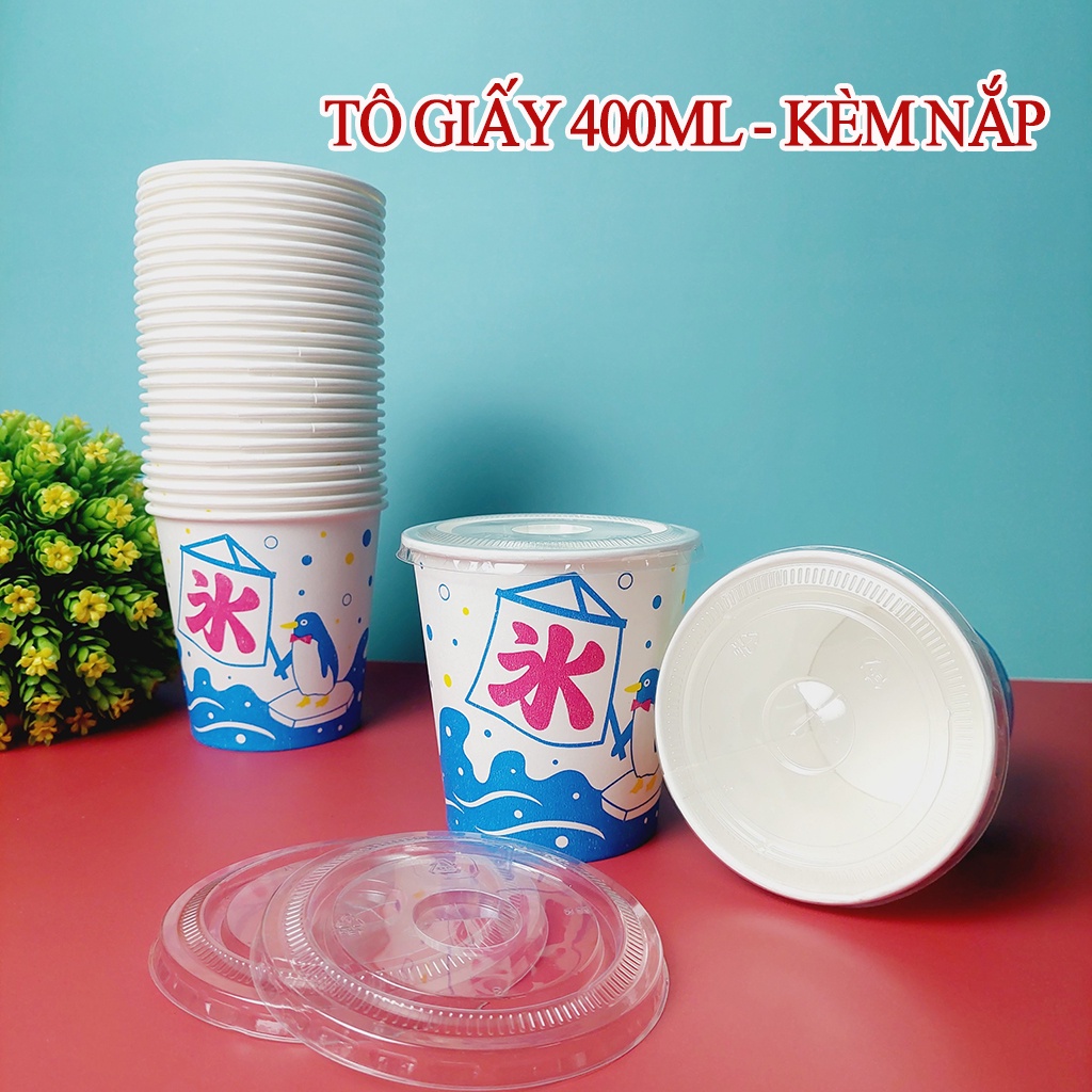 50 Chiếc Tô Giấy 400ml Hình Chim Cánh Cụt Kèm Nắp Đựng Cháo, Chè, Kem