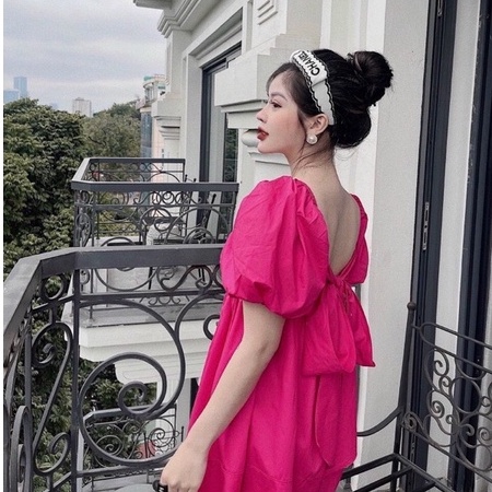 Đầm babydoll nơ lưng tay phồng