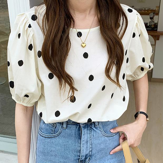 Plus Áo chiffon Cổ Tròn Tay Ngắn Dáng Rộng In Họa Tiết Chấm Bi Phong Cách Hàn Quốc Thời Trang Mùa Hè Cho Nữ