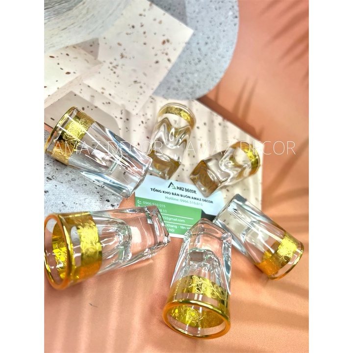 Bộ 6 chén ly rượu thủy tinh đế vuông dày cao cấp sang trọng họa tiết khảm họa tiết vàng