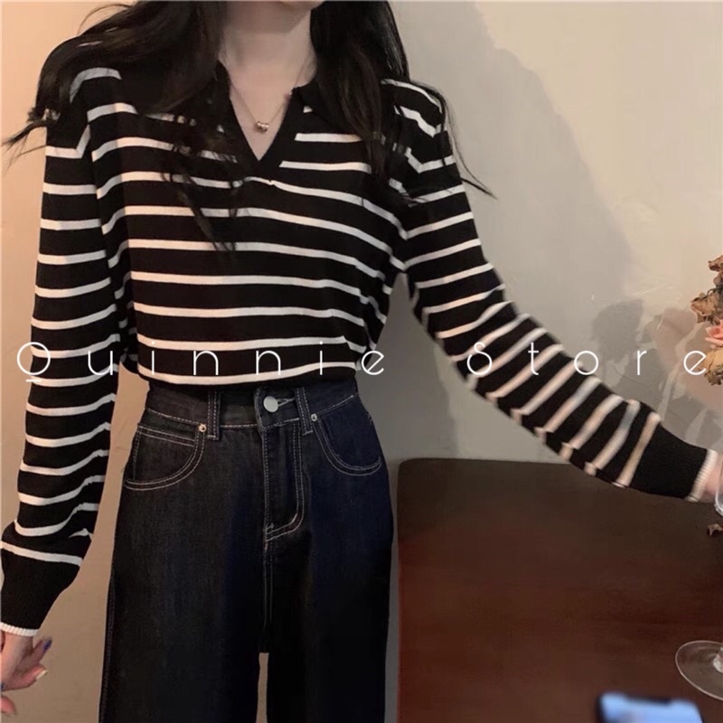 Áo len kẻ ngang đen trắng cổ chữ V dài tay