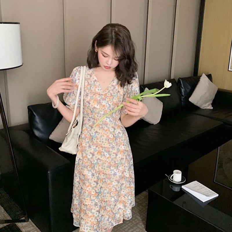 IELGY Đầm chiffon Dài Cổ Chữ V In Họa Tiết Tranh Sơn Dầu Phong Cách Hàn Quốc Thời Trang Mùa Hè Mới Cho Học Sinh