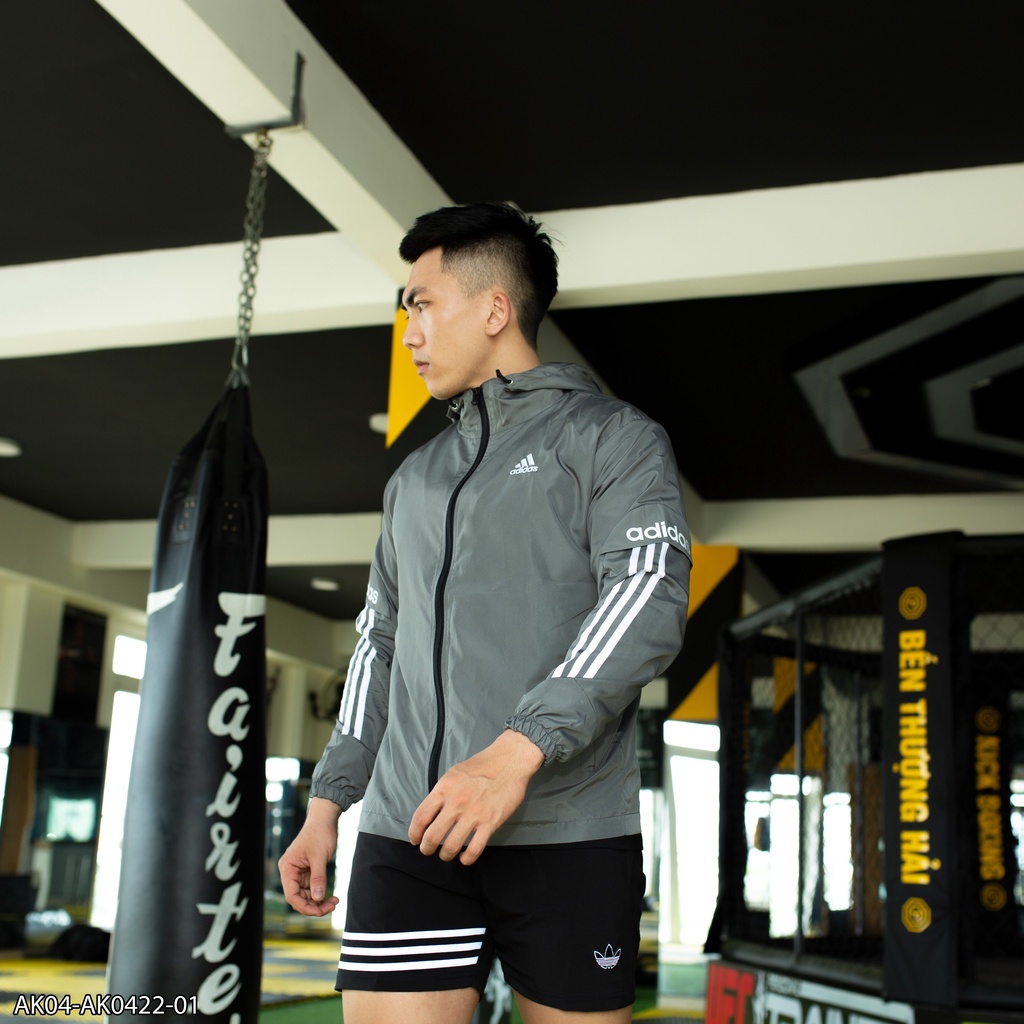 Áo khoác có mũ Adidas vải gió 2 lớp phối viền vai AK04 - áo khoác nam VNXK