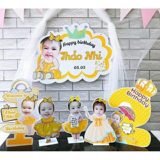 Combo các món trang trí sinh nhật: 1 Biển tên chính, 1 cây welcome, 3 chibi, 1 tên để bàn, 1 số tuổi