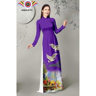 Áo Dài Họa Tiết Hình Con Cò In 3D Vải Lụa Habutai Co Dãn
