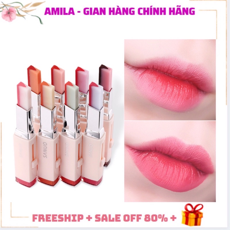 Son môi chính hãng nội địa trung kẹo chữ V hai tông màu giá rẻ lì dưỡng ẩm lâu SANNUO