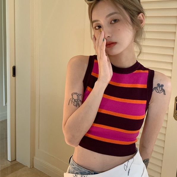 Áo sát nách ZHELIHANGFEI dệt kim họa tiết kẻ sọc ngang phong cách quyến rũ cho nữ