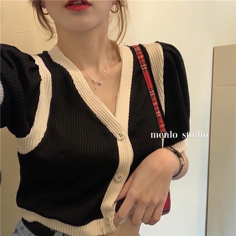 Áo Lửng Ngắn Tay Cổ Chữ V Xinh Xắn Theo Phong Cách Retro Dành Cho Nữ