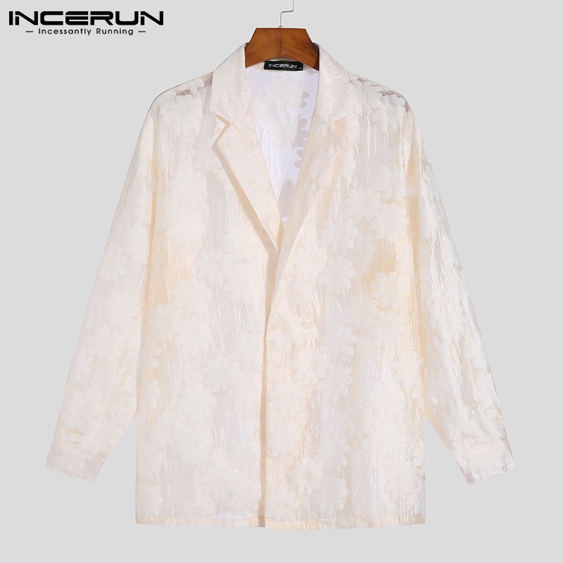 Áo sơ mi INCERUN tay dài thoáng khí thêu hoa nhìn thấu thời trang cho nam