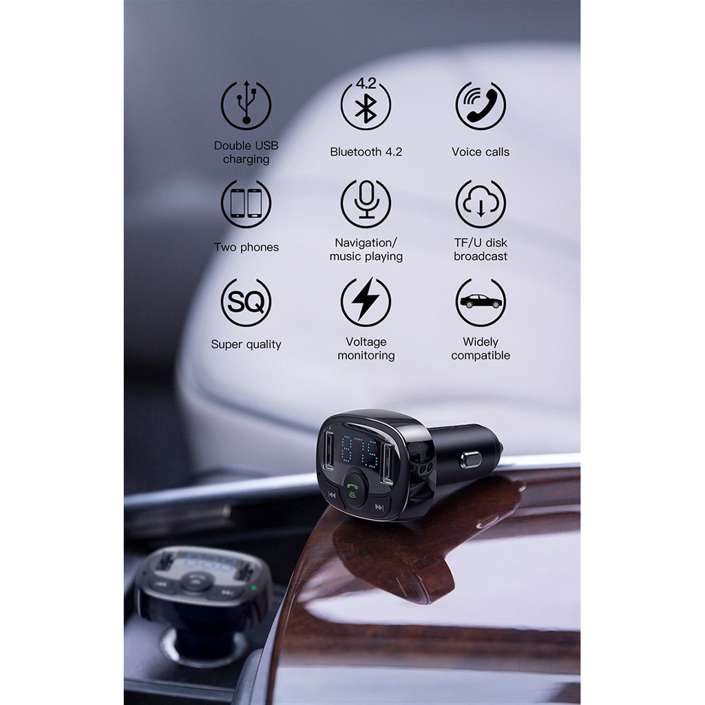 THIẾT BỊ SẠC TRÊN XE HƠI Baseus S09A T-Typed Wireless MP3 Car Charger, hỗ trợ nghe nhạc và đàm thoại – Chính Hãng