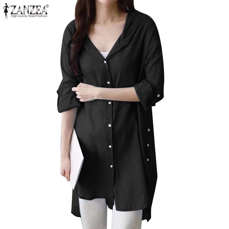 ZANZEA Áo Kiểu Dài Tay Có Mũ Trùm Đầu Phối Nút Xẻ Tà Thời Trang Cho Nữ