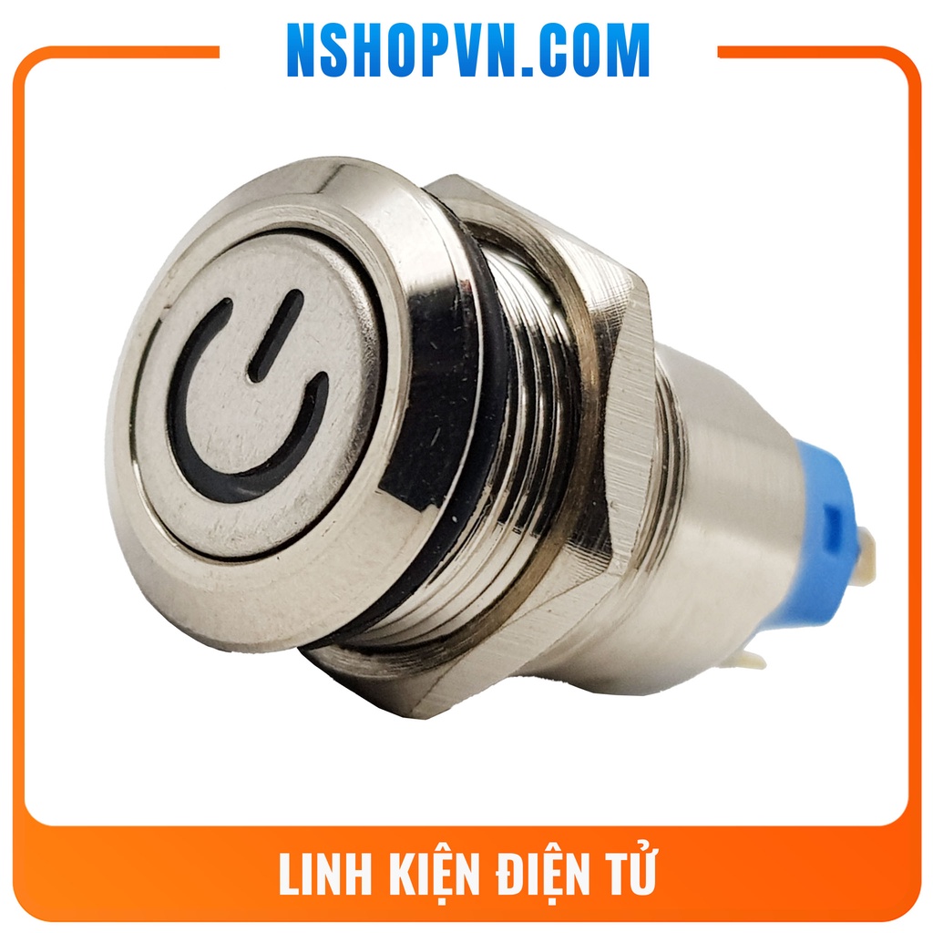 Nút nguồn kim loại 12mm có đèn Mặt nút nhấn dạng phẳng, chống nước nhẹ, nút giữ nguyên trạng thái khi thả tay ra