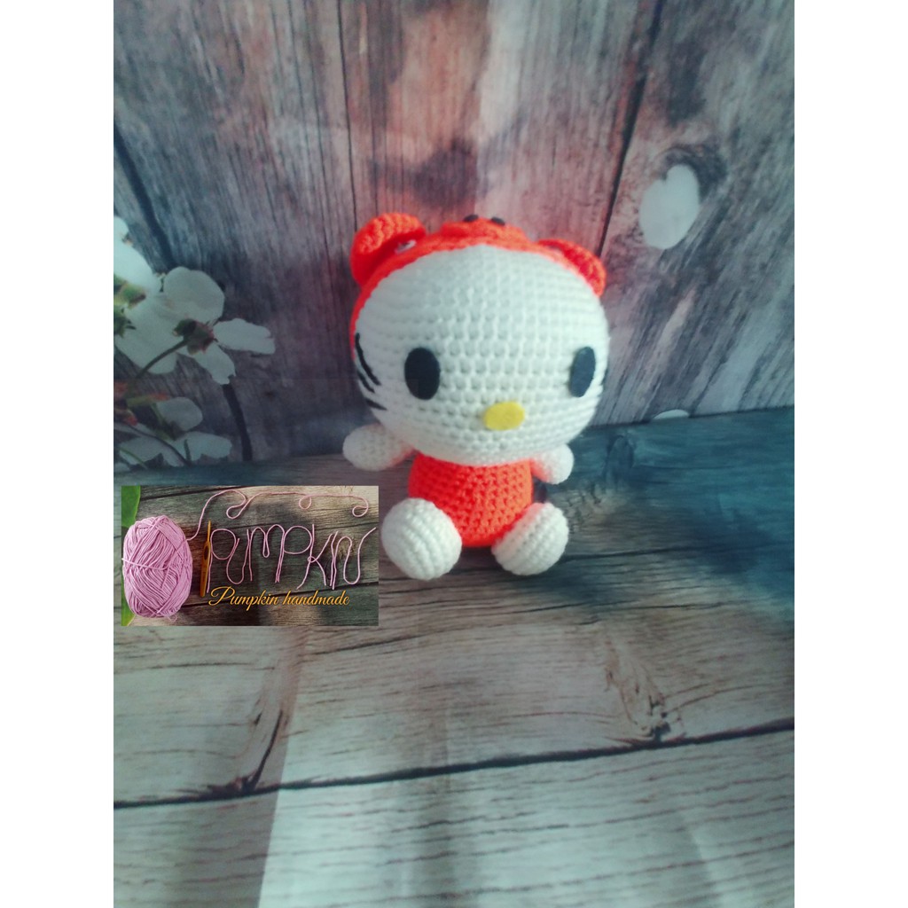 Thú bông bằng len, mèo kitty màu cam
