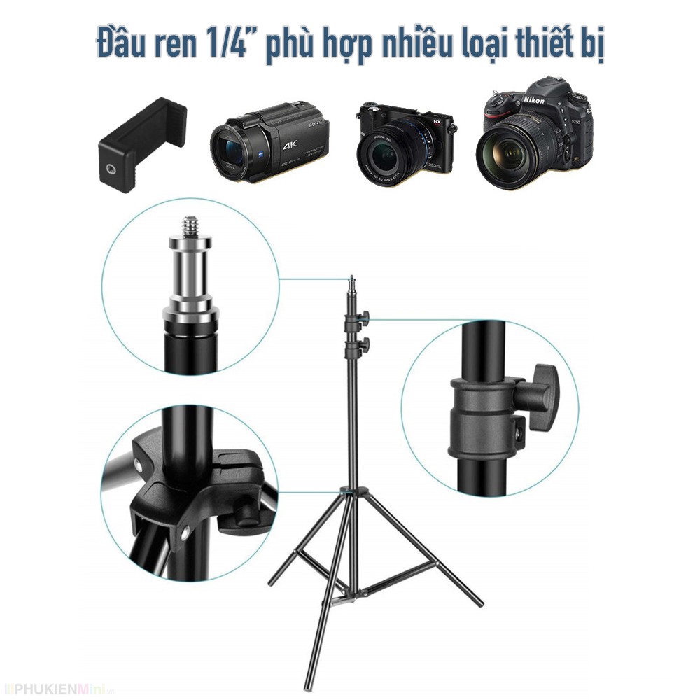 Giá đỡ 3 chân đa năng siêu cao 2 mét gắn đèn led, gắn điện thoại, máy tính bảng hỗ trợ livestream, quay video