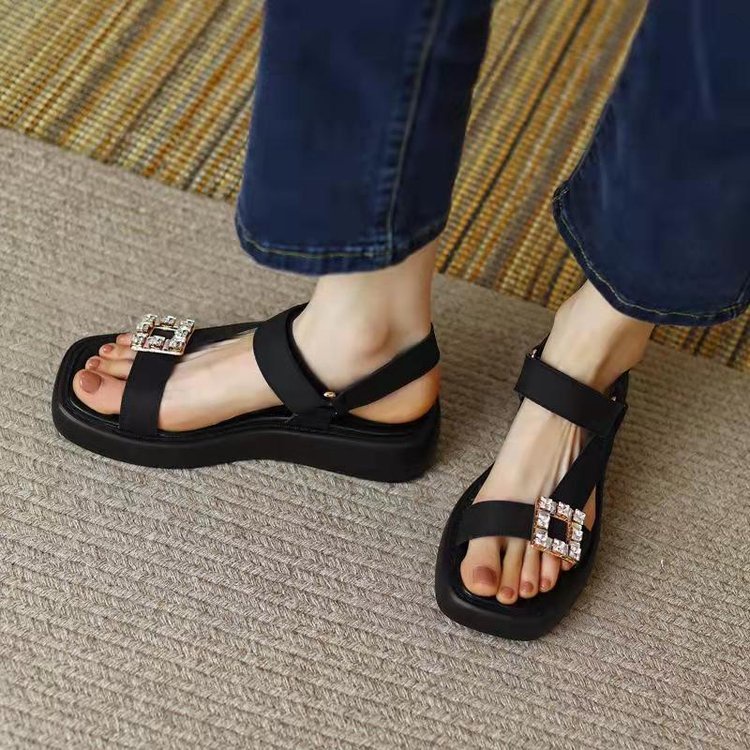 Giày sandal JINXCHOY hở ngón mũi vuông đính đá thiết kế mới thời trang