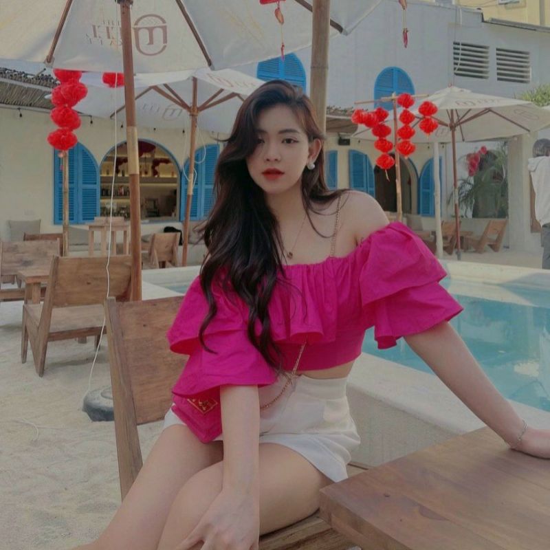 Set Áo Bẹt Vai Hồng Tầng Bèo + Quần Short Trắng Hot Hit Lên Form Siêu Xinh