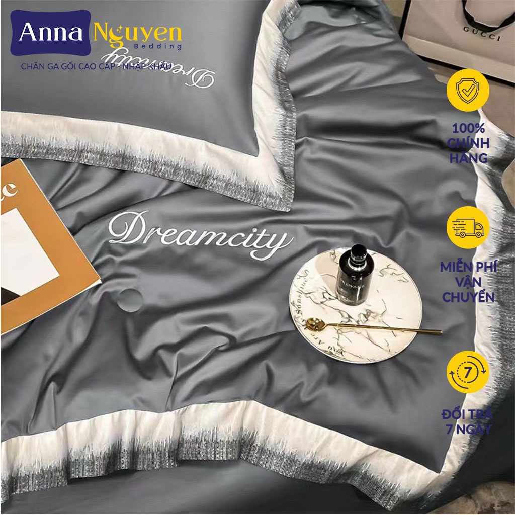 Bộ Chăn Ga Gối Đệm Lụa Thái Tencel Dream City Drap Giường Phi Bóng Cao Cấp Bo Chun Drap - Anna Nguyen Bedding