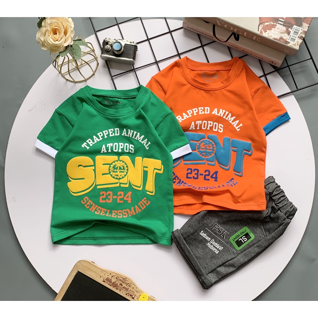 Set đồ bộ bé trai Áo thun cotton in chữ SENT quần thun giả jean cho bé trai từ 8-24 kg