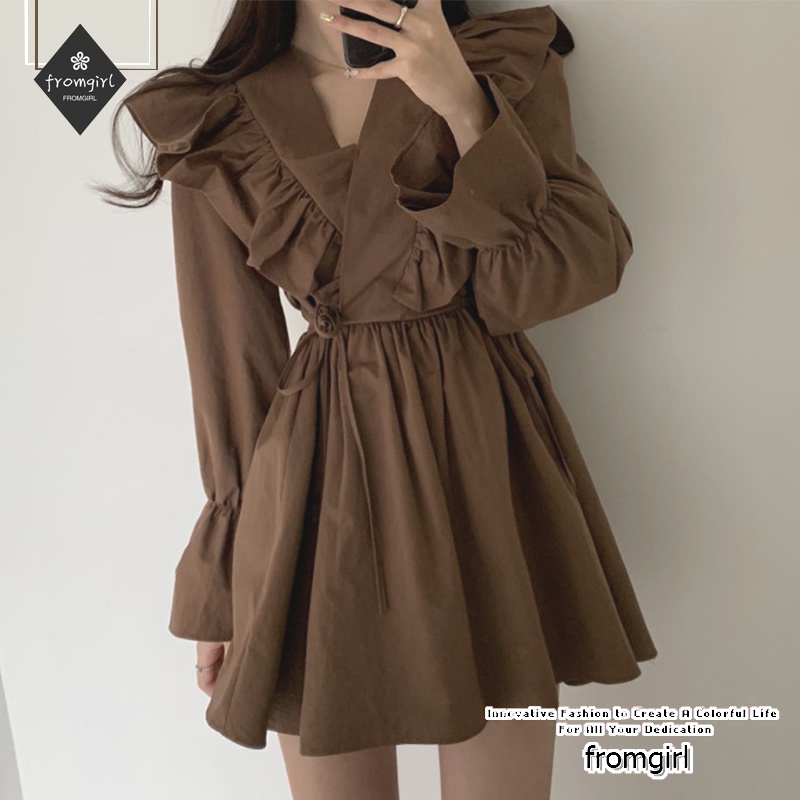 Đầm dài tay cổ chữ v thiết kế mới thời trang mùa thu theo phong cách retro