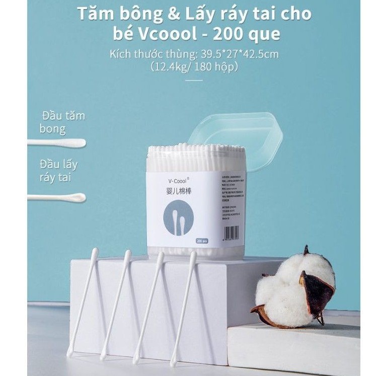 Hộp 200 Que Bông Tăm Thân Giấy Trẻ Em VCoool