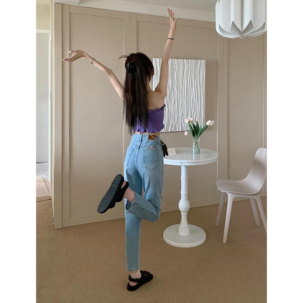 Quần Denim Ống Suông Lưng Cao Thêu Hình Nấm Phong Cách Mới Mùa Hè 52328